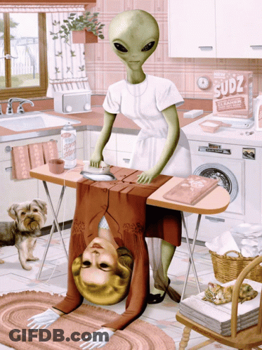 Alien Ironing Woman's Clothes In Kitchen With Sudz Cleaner GIF