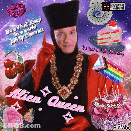 Alien Queen With Cake And Cherries GIF