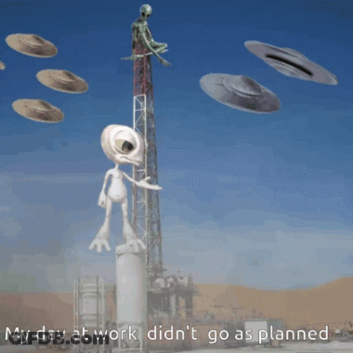 Alien Sitting On Tower Surrounded By Flying Saucers GIF