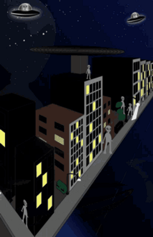 Alien Spaceship City Night GIF