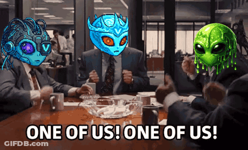 Aliens Sitting Around Table Saying One Of Us GIF