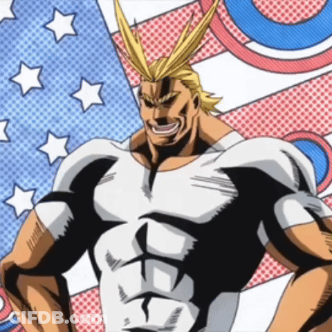 All Might From My Hero Academia Stands In Front Of An American Flag Background GIF