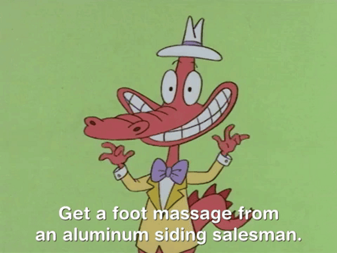 Aluminum Salesman Offering Free Foot Massage GIF