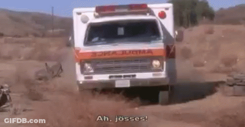 Ambulance Driving Down Dirt Road Saying Ah Josses GIF