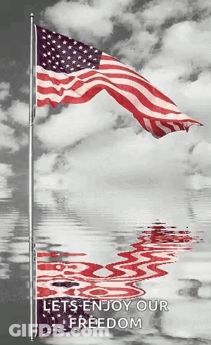 American Flag Waving Against Cloudy Sky Reflected In Water GIF