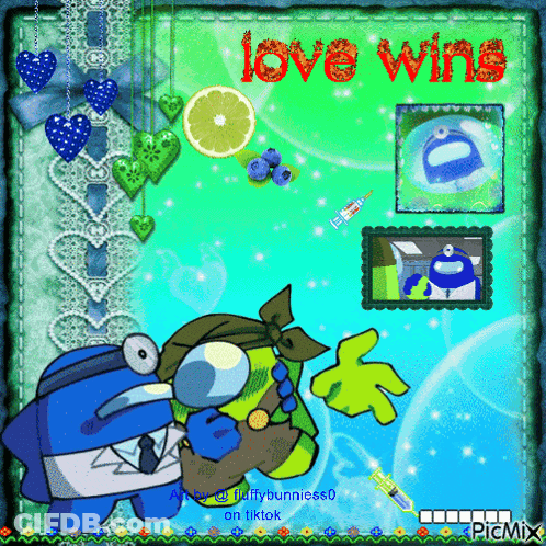Among Us Characters With The Words Love Wins Written On The Bottom GIF