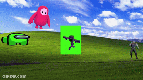 Among Us Fall Guys And A Green Screen Are On A Grassy Hillside GIF