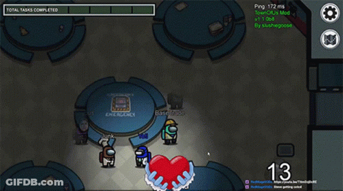 Among Us Game Where Someone Is Holding A Heart And The Question Is Who Is The Impostor GIF