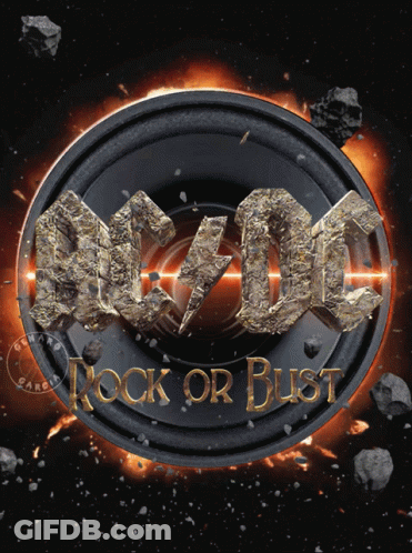 An Ad For Ac/dc Rock Or Bust With Rocks Flying Around GIF