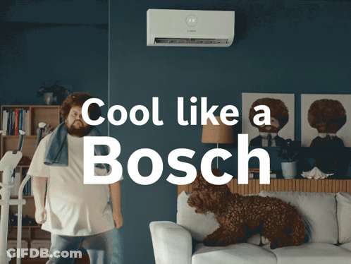 An Ad For Bosch Shows A Man Standing Next To A Dog On A Couch GIF