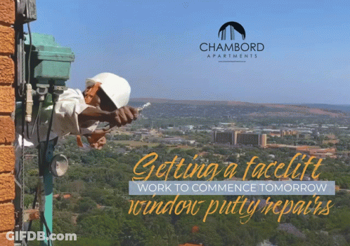 An Ad For Chambord Apartments Shows A Man Working On A Brick Wall GIF