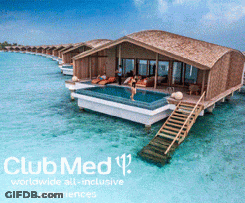 An Ad For Club Med Worldwide All-Inclusive Experiences Shows A Woman Swimming In A Pool GIF