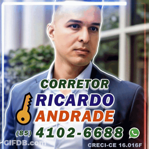 An Ad For Corretor Ricardo Andrade Shows A Man In A Suit And White Shirt GIF