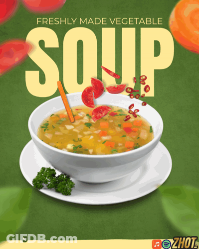 An Ad For Freshly Made Vegetable Soup With A Bowl Of Soup GIF