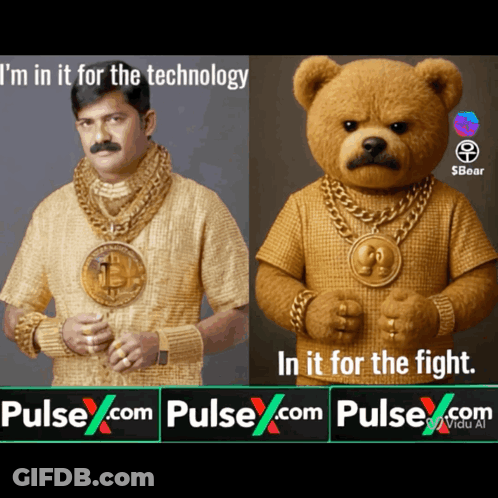 An Ad For Pulse.com Shows A Man And A Teddy Bear In Gold Outfits GIF