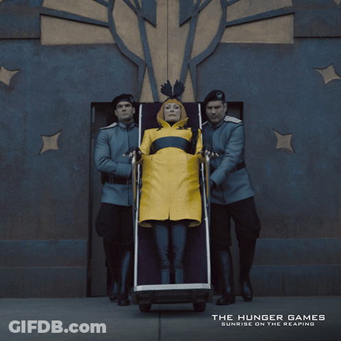 An Ad For The Hunger Games Shows A Woman In A Yellow Coat GIF