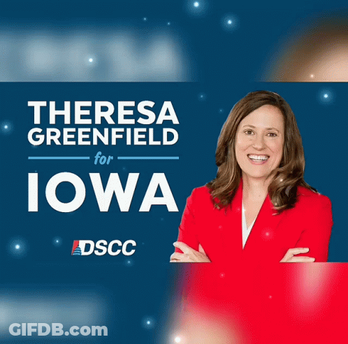 An Ad For Theresa Greenfield For Iowa Shows A Woman In A Red Jacket GIF