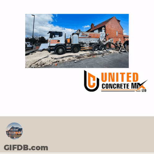 An Ad For United Concrete Mix Ltd With A Picture Of A Concrete Truck GIF