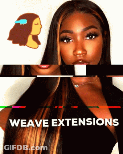 An Ad For Weave Extensions Shows A Woman With A Comb In Her Hair GIF