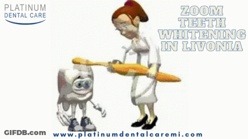 An Ad For Zoom Teeth Whitening In Livonia Shows A Cartoon Of A Woman Brushing A Tooth GIF