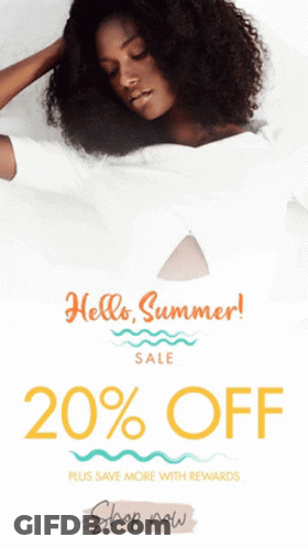 An Advertisement For A 20 % Off Sale With A Picture Of A Woman GIF