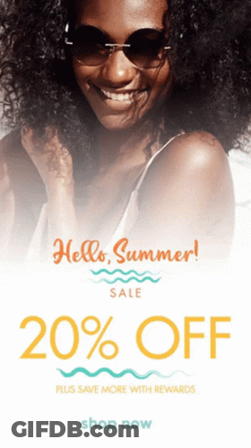 An Advertisement For A 20 % Off Sale With A Picture Of A Woman Wearing Sunglasses GIF