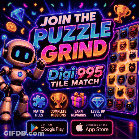 An Advertisement For A Game Called Puzzle Grind With A Robot GIF