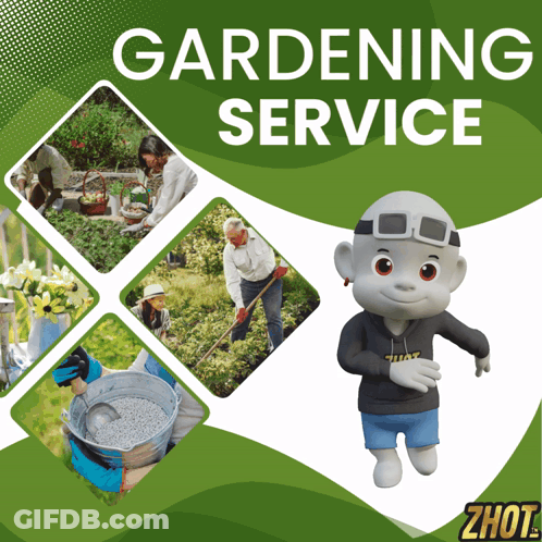 An Advertisement For A Gardening Service Shows A Cartoon Character GIF