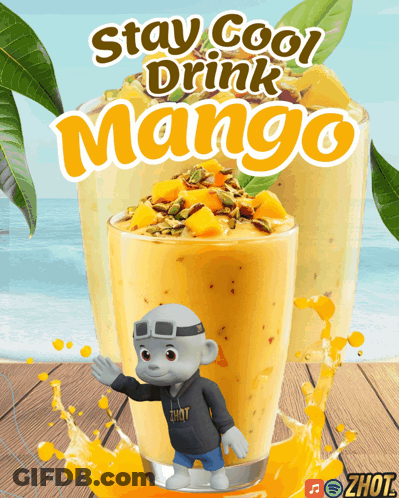 An Advertisement For A Mango Drink With A Cartoon Character In Front Of It GIF