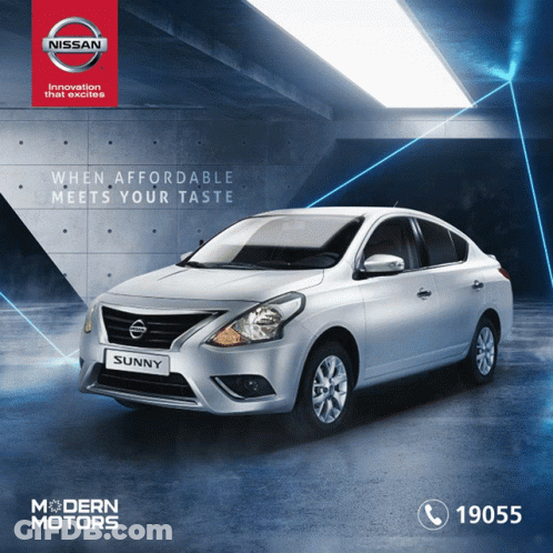 An Advertisement For A Nissan Sunny Says That It Is Affordable And Meets Your Taste GIF