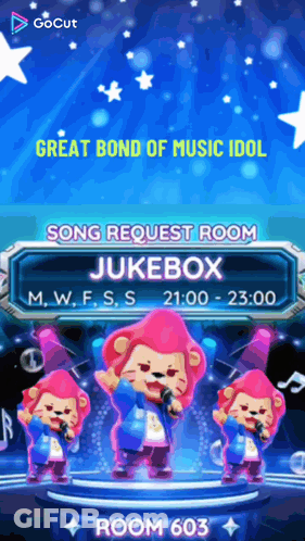 An Advertisement For A Song Request Room Called Jukebox Room 603 GIF
