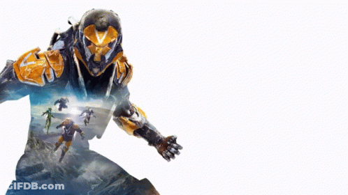 An Advertisement For A Video Game Called Anthem Shows A Man In An Orange And Black Suit GIF