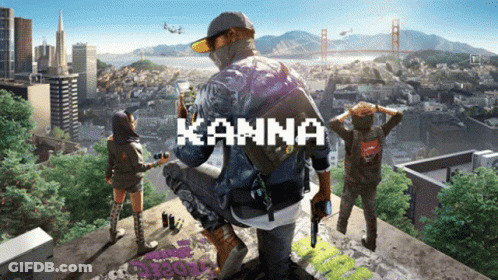 An Advertisement For A Video Game Called Kanna Shows A Man Kneeling On A Ledge Overlooking A City GIF