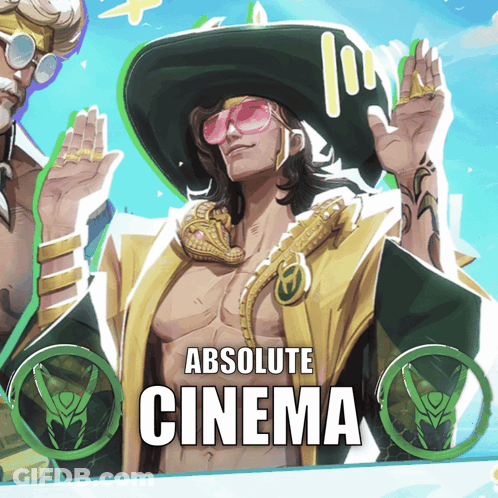 An Advertisement For Absolute Cinema Shows A Man In A Hat And Sunglasses GIF