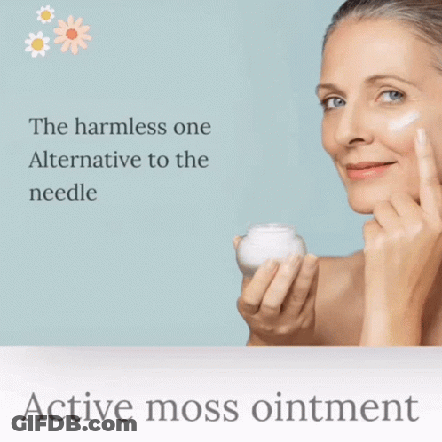 An Advertisement For Active Moss Ointment With A Woman Applying It To Her Face GIF