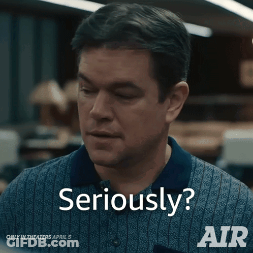 An Advertisement For Air Shows A Man In A Blue Shirt Asking Seriously GIF