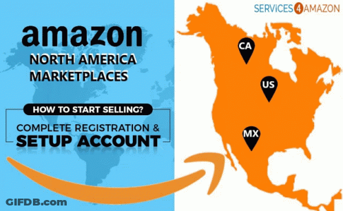 An Advertisement For Amazon North America Marketplaces Showing How To Start Selling GIF