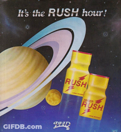An Advertisement For Amber Rush Shows A Planet And Two Bottles GIF