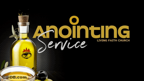An Advertisement For Anointing Service Shows A Bottle Of Olive Oil And Olives GIF