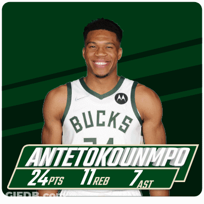 An Advertisement For Antetokounmpo Shows Him Wearing A White Bucks Jersey GIF