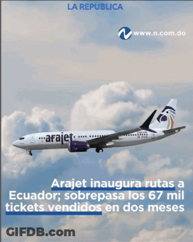An Advertisement For Araujet Shows A Plane Flying Through A Cloudy Sky GIF