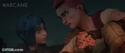An Advertisement For Arcane Shows A Man And Woman Holding Hands GIF