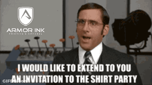 An Advertisement For Armor Ink Printing & Apparel Shows A Man In A Suit And Tie GIF