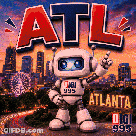 An Advertisement For Atl With A Robot In Front Of A City Skyline GIF