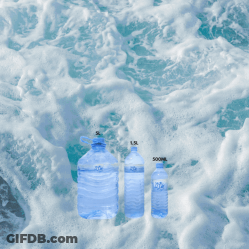 An Advertisement For Atoll Water Delivery With A Boat And Palm Trees In The Background GIF