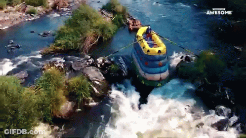 An Advertisement For Awesome Shows A Man In A Raft On A River GIF