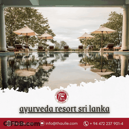 An Advertisement For Ayurveda Resort Sri Lanka Shows A Swimming Pool Surrounded By Chairs And Umbrellas GIF