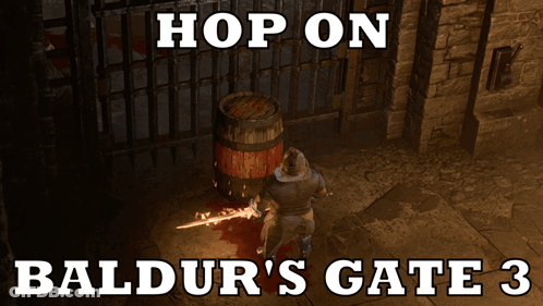 Baldur's Gate 3 Advertisement With Barrel And Sword GIF