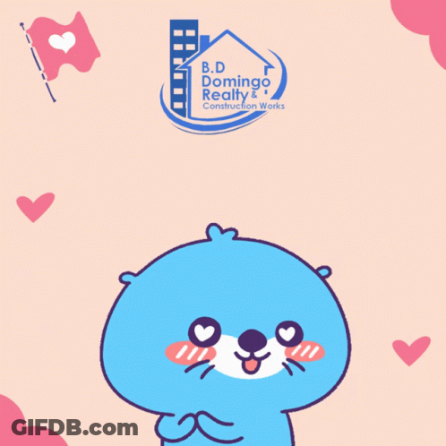 An Advertisement For Bd Domingo Realty Construction Works With A Cartoon Character GIF