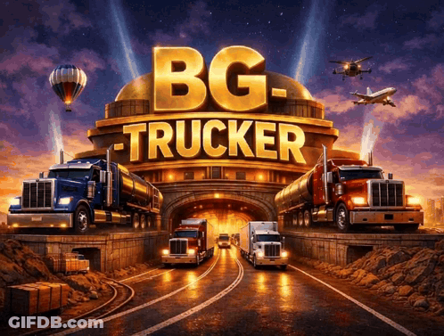 An Advertisement For Bg-Trucker Shows Trucks Driving Under A Bridge GIF